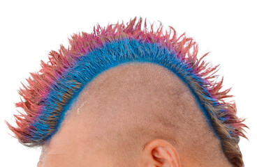 A man with a blue and pink Mohawk has a blue stripe on his head