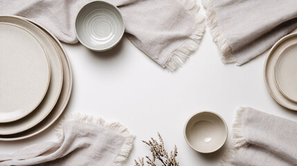 Elegant Table Setting: An overhead shot showcases a serene, minimalist table setting, with pristine plates, delicate bowls, and textured napkins arranged around a central focal point.