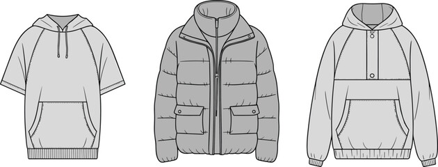Trendy casual hooded sweatshirt, short sleeve hoodie, stylish padded jacket, winter warm outerwear, comfortable streetwear, versatile fashion clothing