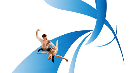 Bold digital artwork of ice dancing couple in expressive lift over blue shapes. Concept of winter...