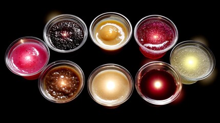 Vivid Geometric Dessert Display with Symmetrical Sauces, Warm Studio Lighting and Dramatic Composition Point of View Shot - Culinary Artistry Concept