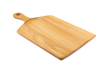 a wooden cutting board with a handle on a white background