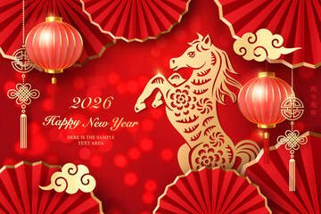 Happy Chinese new year golden red relief horse lantern spiral cloud and round fan. Chinese translation : New year of horse