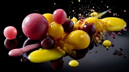 Vibrant Geometric Dessert Display with Symmetrical Sauces under Warm Studio Lighting