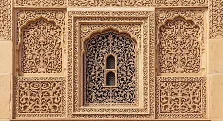 Intricate sandstone carving showcasing traditional Indian architectural detail and craftsmanship