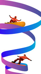 Bold collage of snowboarder in red outfits riding around a spiraling ribbon. Concept of winter...