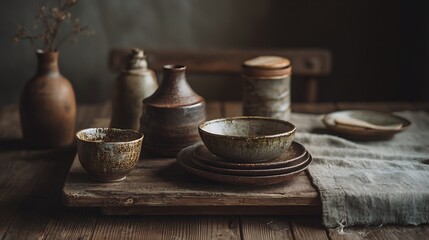 Wabi-sabi styled table with rustic ceramics wrinkled linen and warm light