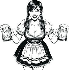A cheerful woman in a traditional dirndl dress smiles while holding two overflowing beer steins, depicted in a black and white illustration.