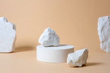 White stones on pedestal product display beige background minimal studio mockup backdrop scene