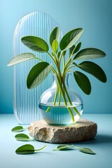 Sage plant in glass vase on stone pedestal, minimalist botanical still life photography