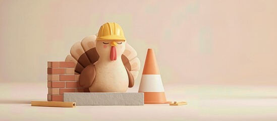 Funny cartoon turkey wearing a construction helmet, standing among bricks and traffic cones. Hilarious Thanksgiving and construction industry concept with copy space on beige background.
