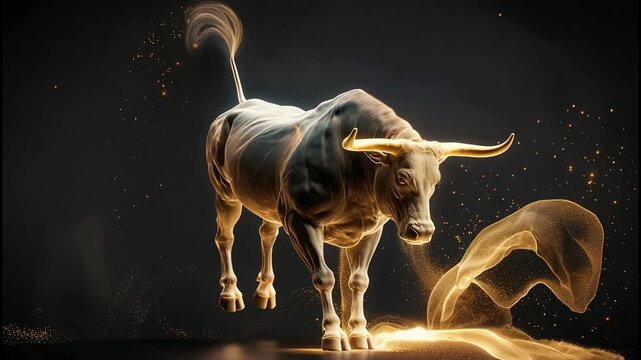Cinematic 3D animation of a powerful bull formed from glowing golden particles, set against a dark background. The camera slowly pans around the figure, emphasizing energy, strength, and movement. 