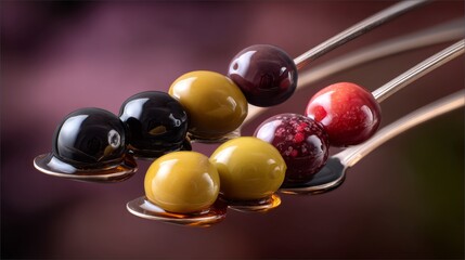Gastronomic Art: Spherical Olives on Tasting Spoons with Dreamy Lighting