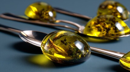 Captivating Spherification: Spherical Olives on Tasting Spoons in Warm Studio Lighting, POV Shot with Dreamy Focus and Depth Composition