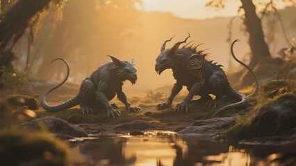 Two mythical creatures face off in a serene forest setting near a reflective pond at sunset.