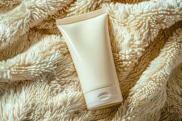 Blank Cosmetic Cream or Lotion Tube on Soft Textured Fabric Background