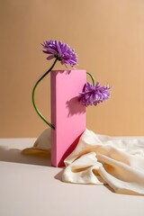 Product display with pink block, purple flowers, and silk fabric for cosmetic marketing