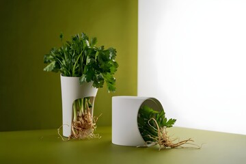 Fresh parsley growing in modern planters indoor herb garden kitchen herbs culinary herbs