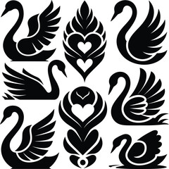 A captivating pattern featuring elegant black swans in various poses, complemented by decorative heart shapes. This intricate design exudes grace and romance, making it ideal for textiles, wallpapers.