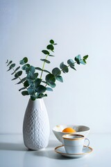 Eucalyptus leaves in vase still life photography home decor and tea cup arrangement art print