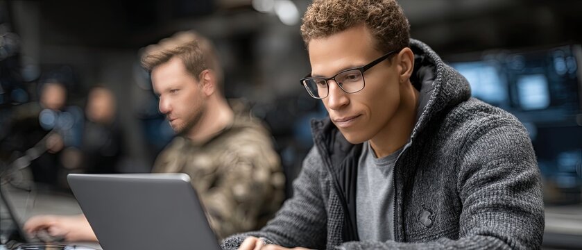 Two young male software engineers focus intently on coding, surrounded by a vibrant digital landscape of circuits and holograms
