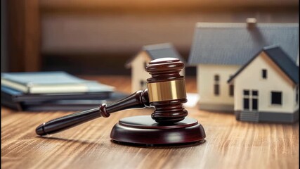 Slow panning shot of a judge's gavel resting on a wooden table with blurred model houses in the background. The scene symbolizes legal action related to property, such as forced sales, foreclosures.