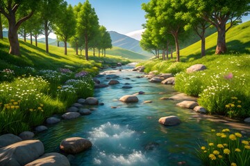  Peaceful Mountain Stream with Wildflowers and Rolling Green Hills