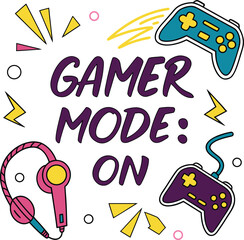 Gamer Mode On Typography with Game Controllers and Headphones Vector Illustration Colorful Gaming Design © nusyer