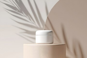 White cosmetic cream jar mockup on beige pedestal for skincare product presentation design