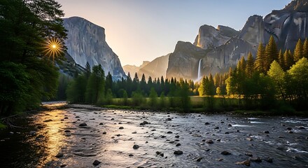 Majestic Yosemite Valley at Sunrise: A Serene Landscape with Flowing River