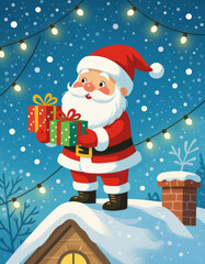 Santa claus delivering christmas gifts on snowy rooftop at night