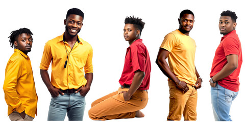 Five young men posing wearing colorful shirts and pants