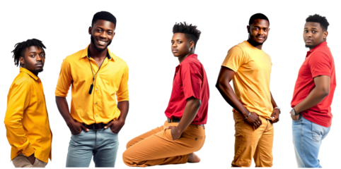 Five young men posing wearing colorful shirts and pants
