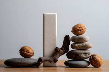 Still life photography of balancing stones, walnuts, wood, and ceramic for zen and wellness