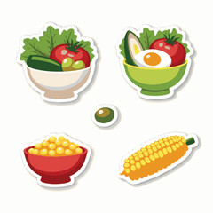 Vector Stickers of Healthy Salad Bowls with Fresh Vegetables ? Flat Cartoon Food Icons (4).eps