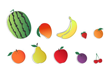 Vector set of hand drawn sweet summer fruits and berries. Watermelon, banana, pear, apple, apricot, mango, plum, orange, strawberry, cherry