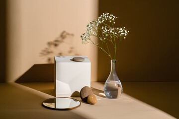 Still life photography of baby's breath flowers, vase, stones and mirror on beige background