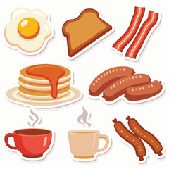 Vector Stickers of Fried Egg, Pancakes, Bacon, Sausage and Toast ? Flat Cartoon Breakfast Icons (1).eps