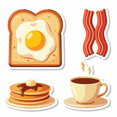 Vector Stickers of Fried Egg, Pancakes, Bacon, Sausage and Toast ? Flat Cartoon Breakfast Icons (2).eps