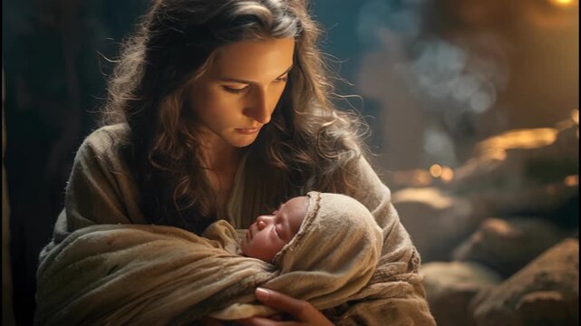 Dramatic, cinematic shot of Mary tenderly cradling the newborn baby Jesus in a softly lit nativity setting. The camera slowly pans around the figures, capturing the serenity, warmth, and sacred beauty