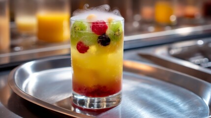 Molecular Mixology Magic: Dry Ice Cocktail with Fruit Caviar, Golden Hour Glow, Bokeh Background, Elegant Depth of Field Composition
