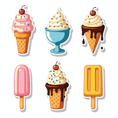 Vector Stickers of Ice Cream Cones, Popsicles and Sundaes ? Flat Cartoon Dessert Icons (1).eps