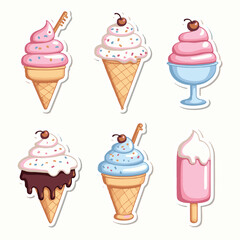 Vector Stickers of Ice Cream Cones, Popsicles and Sundaes ? Flat Cartoon Dessert Icons (2).eps