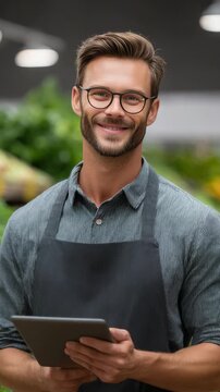 Modern retail worker in aisle holding iPad, wearing apron, standing between potted plants.