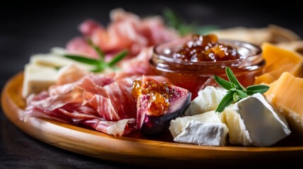 Gourmet Charcuterie Platter with Assorted Cheeses, Meats, and Fig Jam Under Softbox Lighting, Dynamic Back View with Motion Blur Effect for Dramatic Composition