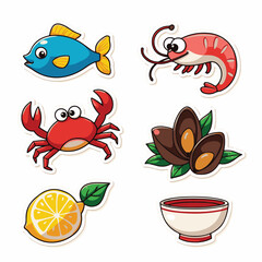 Vector Stickers of Fish, Shrimp, Crab, Mussels and Lemon ? Flat Cartoon Seafood Icons (3).eps