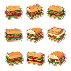 Vector Stickers of Sandwiches and Subs with Cheese, Meat and Veggies ? Flat Cartoon Icons (2).eps