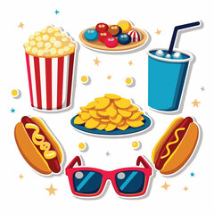 Vector Stickers of Popcorn, Soda, Candy and Nachos ? Cartoon Cinema Snack Icons (1).eps