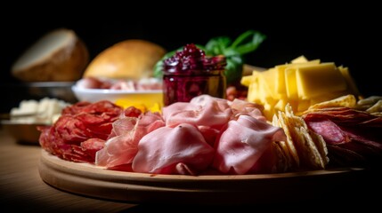 Artisan Charcuterie Delight: Gourmet Board with Meats, Cheeses, Fruits & Jam under Softbox Lighting, Dynamic Composition with Motion Blur from Back View