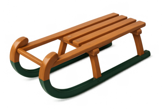 Classic wooden sled with green metal runners isolated on transparent background, perfect for winter holidays and snowy adventures
